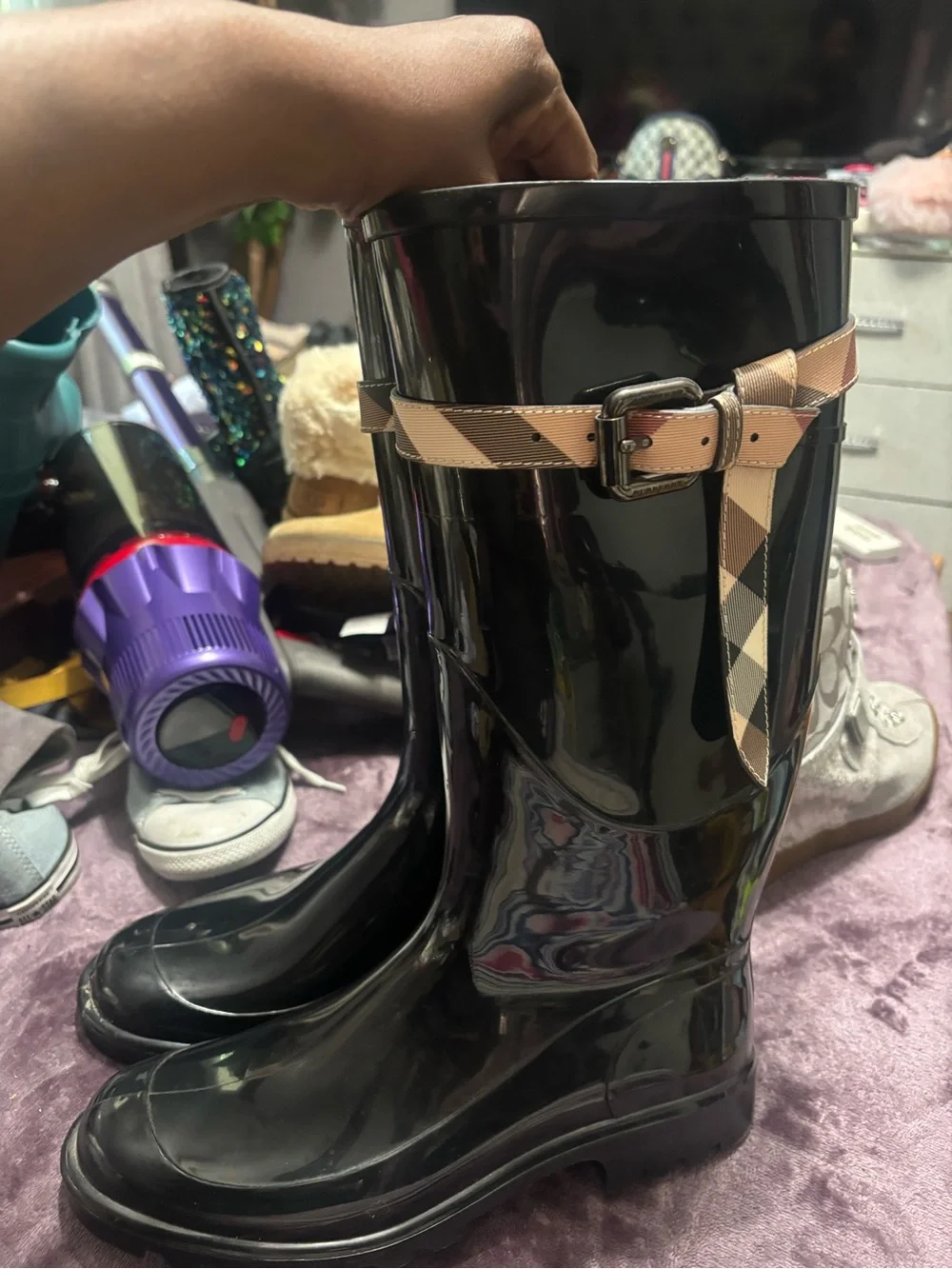 Burberry Black Glossy Rain Boots with Beige Check Strap